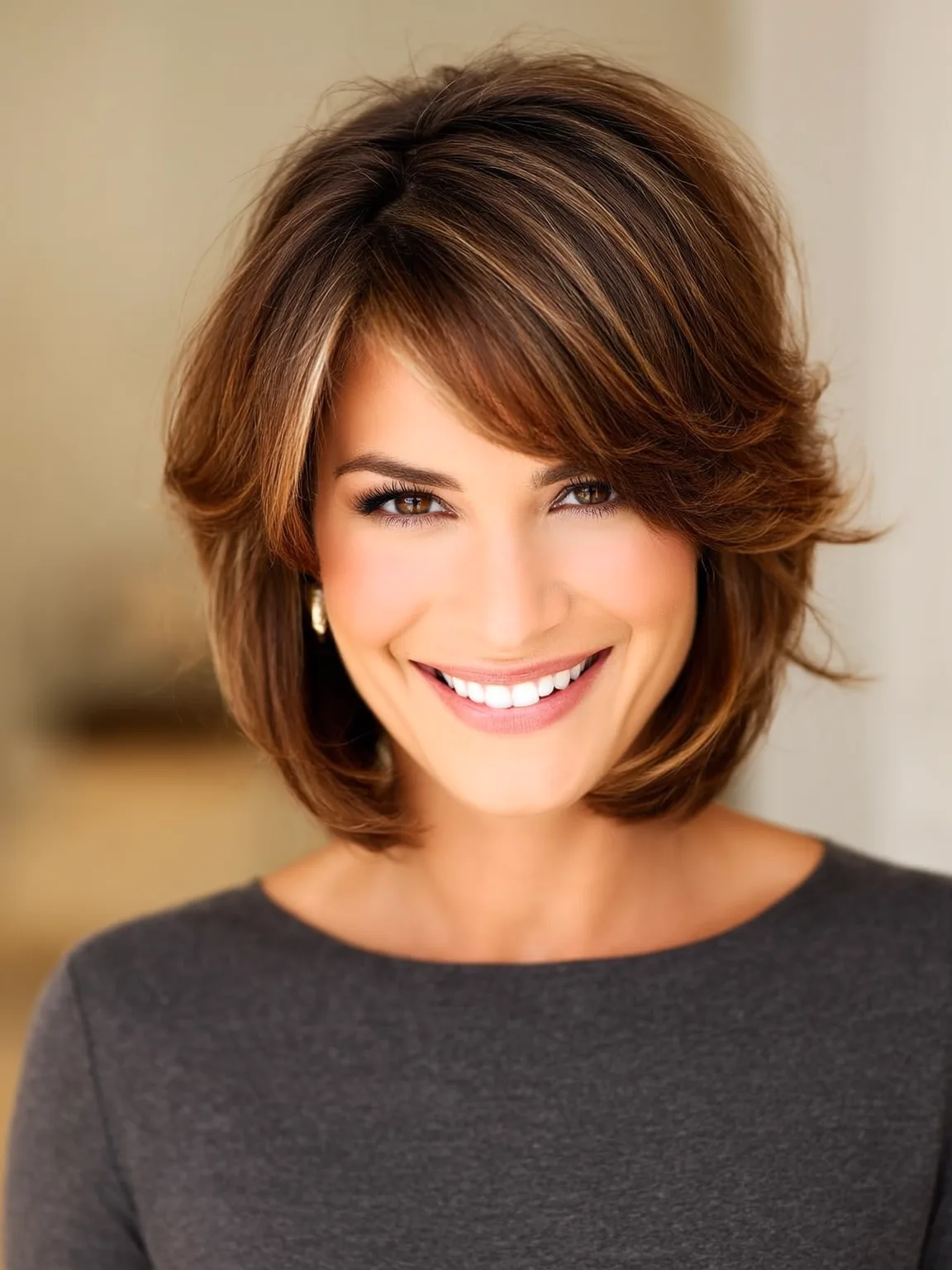 Wavy Layered Bob with Side-Swept Bangs on Oval Faces